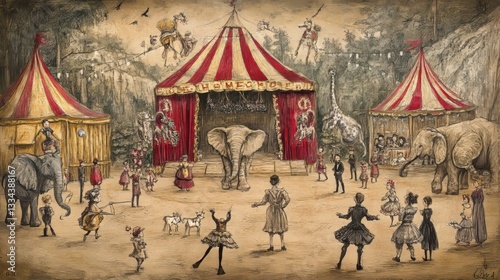 A drawing of a circus performance with an old-fashioned style. It shows people and animals in a cartoonish, hand-drawn style. 