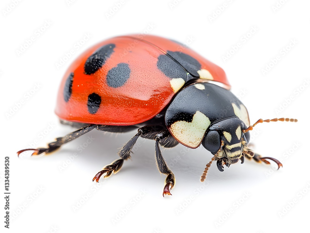 A vibrant red ladybug with black spots and white markings is shown in focus against a pure white background. A vibrant red ladybug with black spots and white markings is shown in focus against a pure white background.
