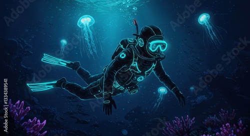 Wallpaper Mural Bioluminescent Underwater Explorer in High-Tech Diving Suit Torontodigital.ca