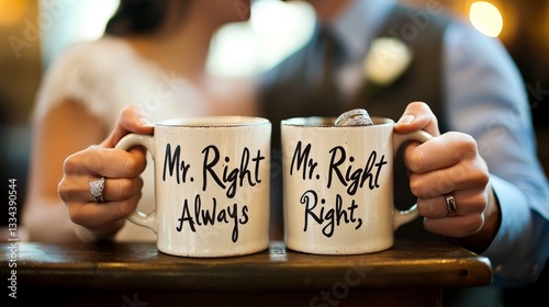 A newlywed couple poses with personalized coffee mugs that read 
