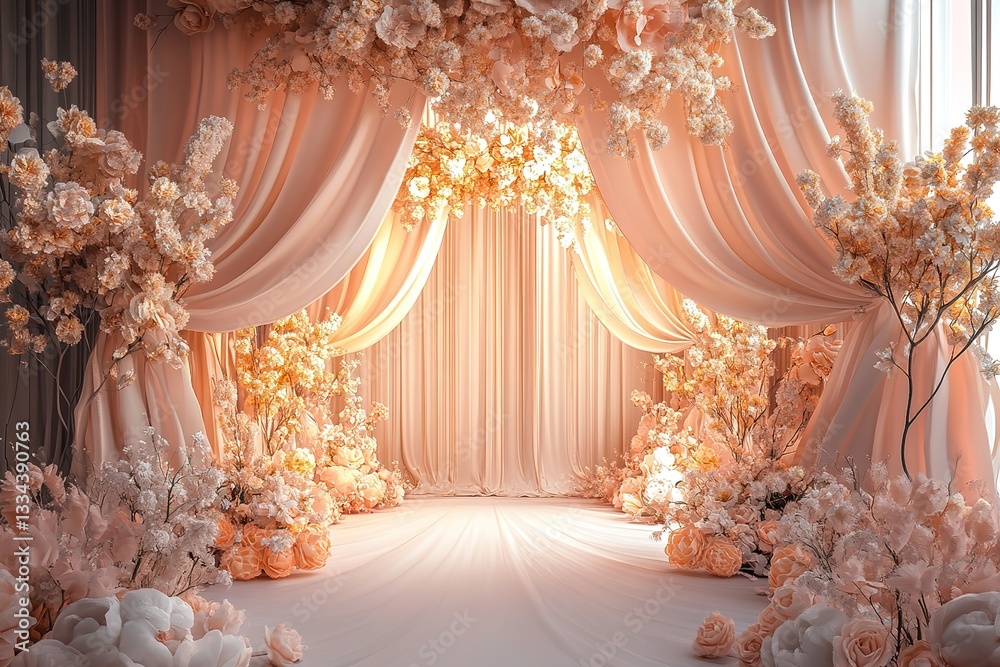 Elegant Peach Wedding Ceremony Backdrop with Floral Arch and Draped Curtains Elegant Peach Wedding Ceremony Backdrop with Floral Arch and Draped Curtains