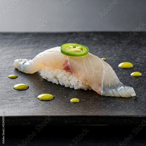 Hamachi Nigiri on Black Ceramic Tile