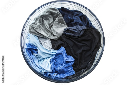 Laundry in Washing Machine Drum Top View of Blue, Gray, and Black Clothes