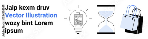 Light bulb with tech blueprint, hourglass for passage of time, shopping bags as commerce concept. Ideal for business, innovation, time management, e-commerce, creativity, productivity flat landing