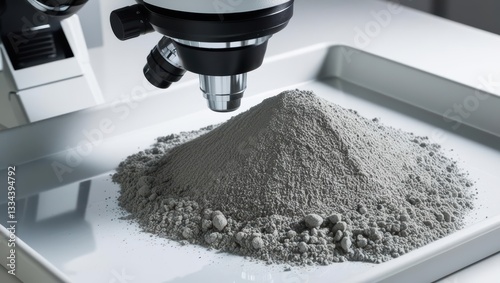 Scientist Conducting Analysis Of Cement Powder Sample Under Microscope In Laboratory. Gray Granular Concrete Material On Tray For Scientific Research, Construction Quality Control, Engineering Tests.
