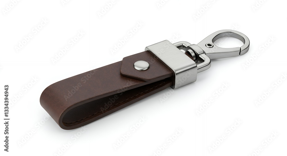 Elegant Brown Leather Keychain with Silver Clasp on White Background Elegant Brown Leather Keychain with Silver Clasp on White Background