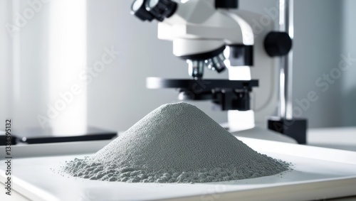Scientist Conducting Analysis Of Cement Powder Sample Under Microscope In Laboratory. Gray Granular Concrete Material On Tray For Scientific Research, Construction Quality Control, Engineering Tests.
