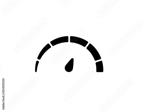 Simple black speedometer icon with a needle indicating a moderate speed level on a white backdrop.