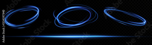 Dynamic blue lines of light with glow effect. Rotating light shiny rings. Abstract sparkling blue circles of movement.