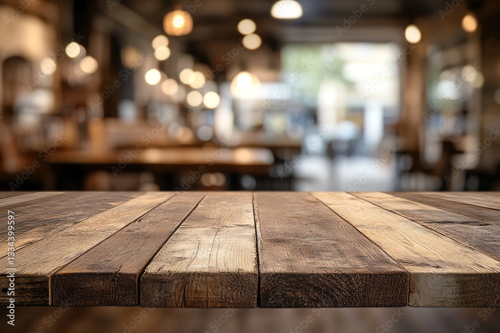 Rustic Wooden Tabletop with Blurred Cafe Background Mockup for Product Display Rustic Wooden Tabletop with Blurred Cafe Background Mockup for Product Display