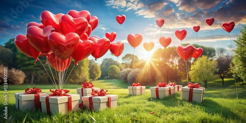 Aerial View of Red Hearts & Red White Gifts for Valentine's Day