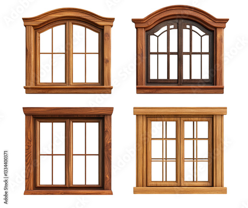 Collection of vintage wooden window frames with distinct designs photo