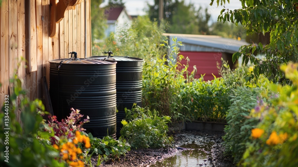 Rain barrels surrounded by vibrant flowers in a lush garden setting.
