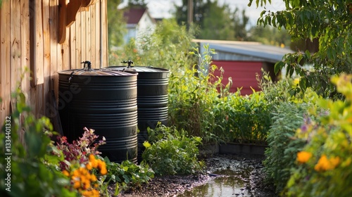 Obraz na płótnie Rain barrels surrounded by vibrant flowers in a lush garden setting. w salonie