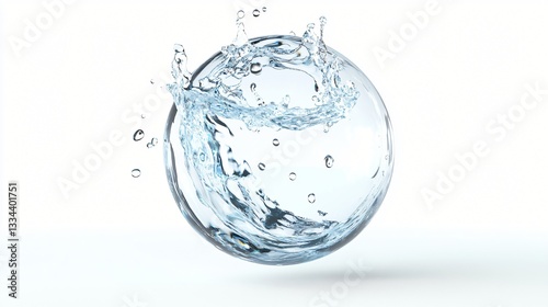Clear water droplet splashing, dynamic motion captured, emphasizing freshness and purity, suitable for nature themes.