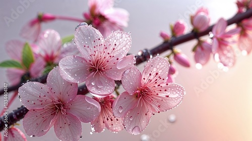 Close-up of delicate sakura flowers with dew drops