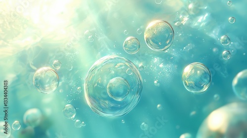 Translucent bubbles ascend in turquoise waters beneath soft light