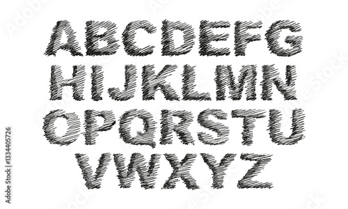 English alphabet. Big letters with original handwritten shading. Doodles and squiggles. Vector set