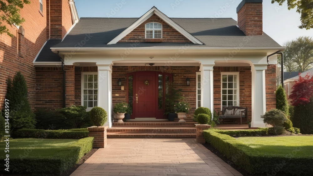 Fototapeta premium A stately brick colonial house surrounded by lush greenery and neatly trimmed hedges.