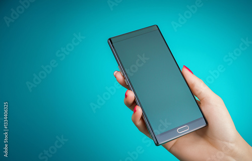 A female hand holding smartphone with copy-space.