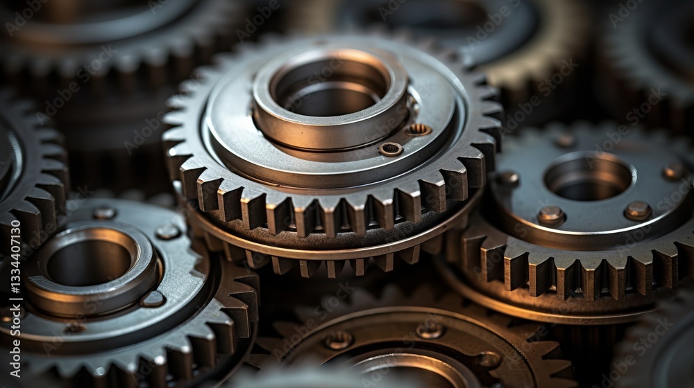 Closeup of intricately detailed gear wheel with beautiful textures and shape in a well used machine