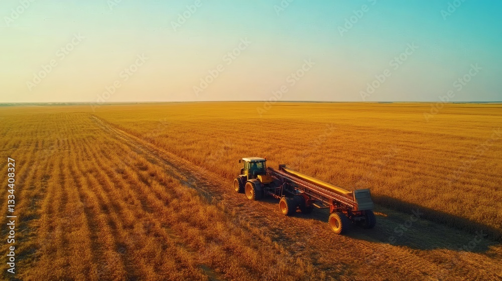 Fototapeta premium A tractor and trailer operate on a field of crops