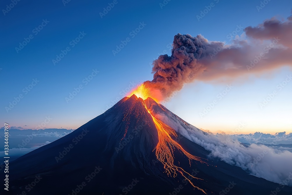 A Breathtaking and Dramatic Display of Nature's Fury: A Towering Volcano Spewing Lava, Molten Rocks, and Thick Ash into the Twilight Sky, Illuminating the Surrounding Landscape. A Breathtaking and Dramatic Display of Nature's Fury: A Towering Volcano Spewing Lava, Molten Rocks, and Thick Ash into the Twilight Sky, Illuminating the Surrounding Landscape.