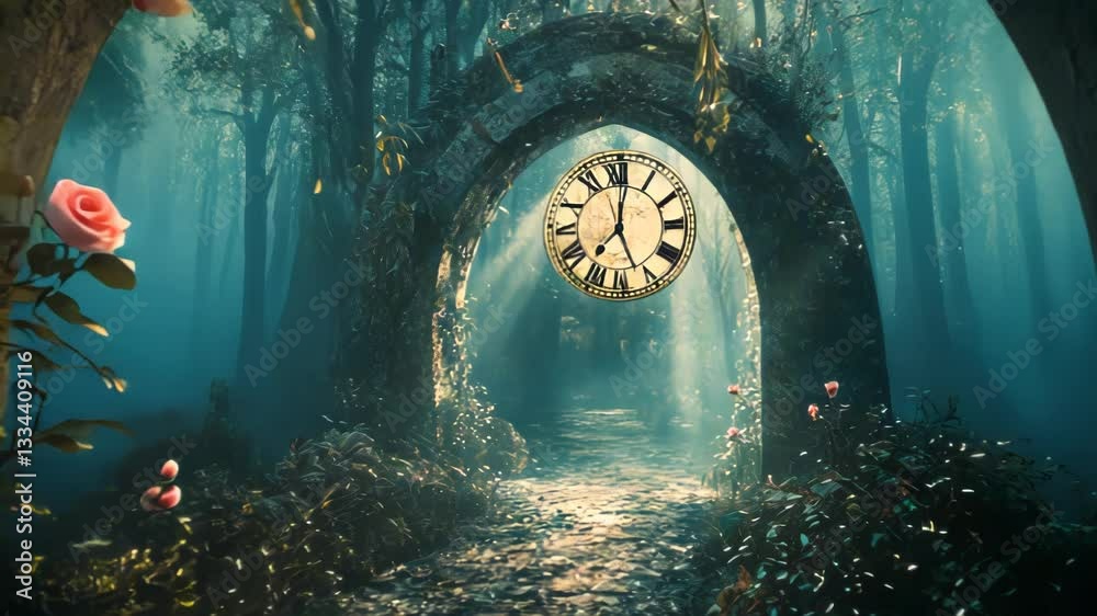 Rose-filled, arched forest path with clock