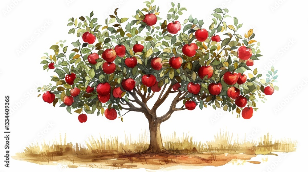 Fototapeta premium Colorful Illustration of a Tall Apple Tree with White Background and Fresh Fruit