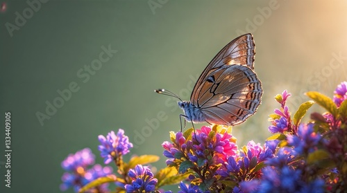Butterfly on colorful flowers in warm sunlight