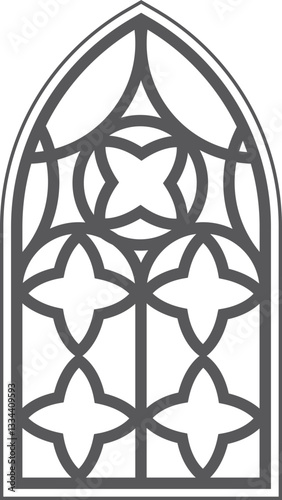 Church window with arched frame and stained glass. Cathedral gothic architecture shape. Silhouette of medieval castle door. Classic catholic interior decoration