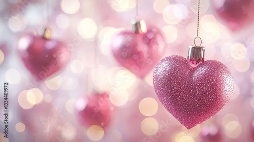Golden pink valentine's baubles in a vibrant close-up, shimmering under warm twinkling lights, soft bokeh background, romantic, elegant, 3D rendering