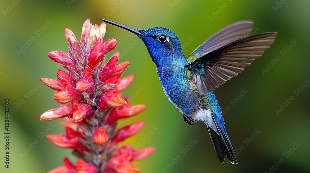 Fototapeta premium Vibrant Hummingbird Hovering Near Red Flowers