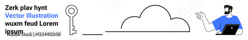Key beside a cloud symbolizing access, a man with a laptop pointing toward it. Ideal for technology, security, cloud computing, digital transformation, data access, innovation, flat landing page
