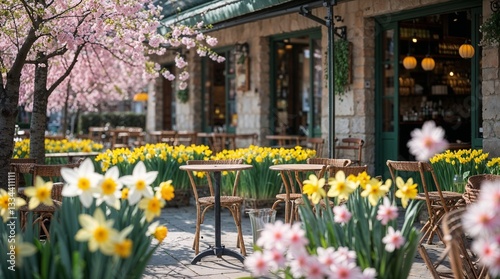 Outdoor terrace cafe surrounded by spring flowers and cherry blossoms