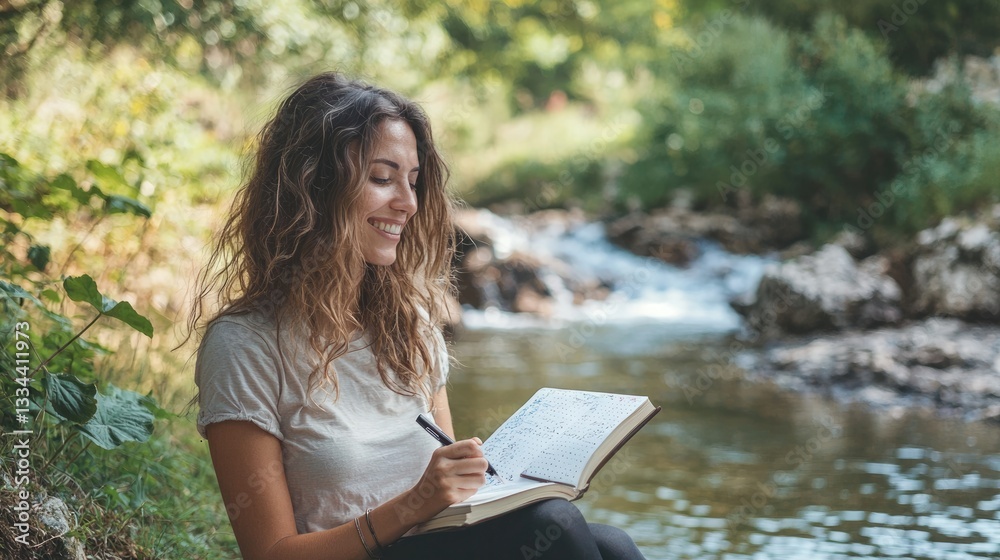 A woman enjoys nature while writing in her journal by a serene riverside. A woman enjoys nature while writing in her journal by a serene riverside.