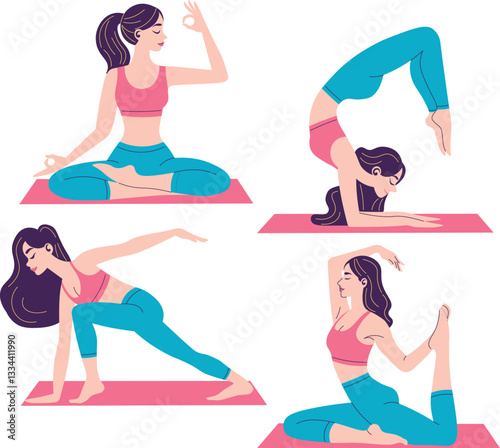 Young Girl Cartoon in Yoga Poses