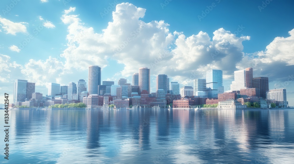 Fototapeta premium A scenic cityscape reflecting in calm water under a bright sky