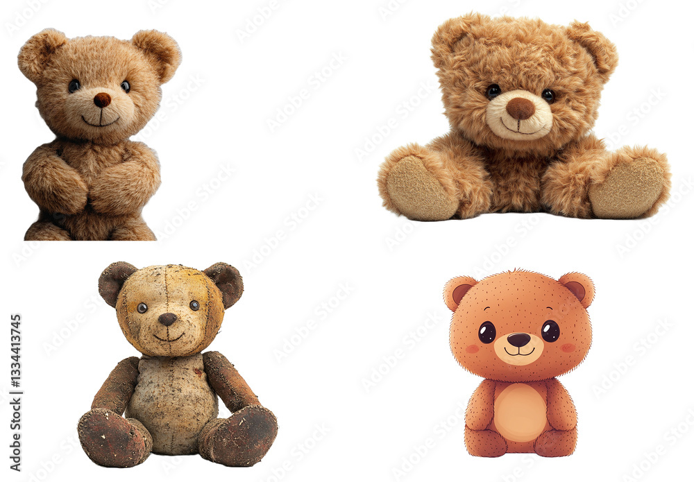 Collection of Brown Teddy Bears in Various Styles and Conditions isolated with Transparent Background