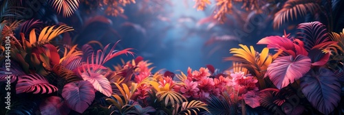 An Exuberant Display of Tropical Foliage with Vivid Hues, Showcasing a Lush and Dreamy Natural Scene with a Rich Palette of Colors