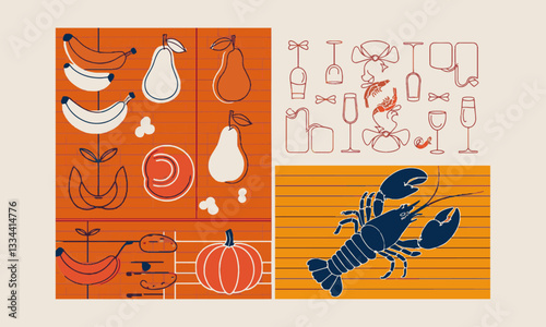 A modern vector-style illustration featuring three panels showcases, The first panel showcases abstract fruits, including bananas, pears, and pumpkins, easily editable.