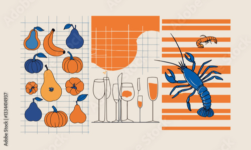 A modern vector-style illustration featuring three panels showcases, The first panel showcases abstract fruits, including bananas, pears, and pumpkins, easily editable.