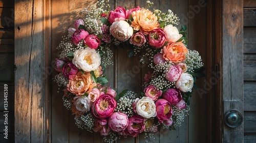 Peony and baby's breath flower wreath on rustic wooden door