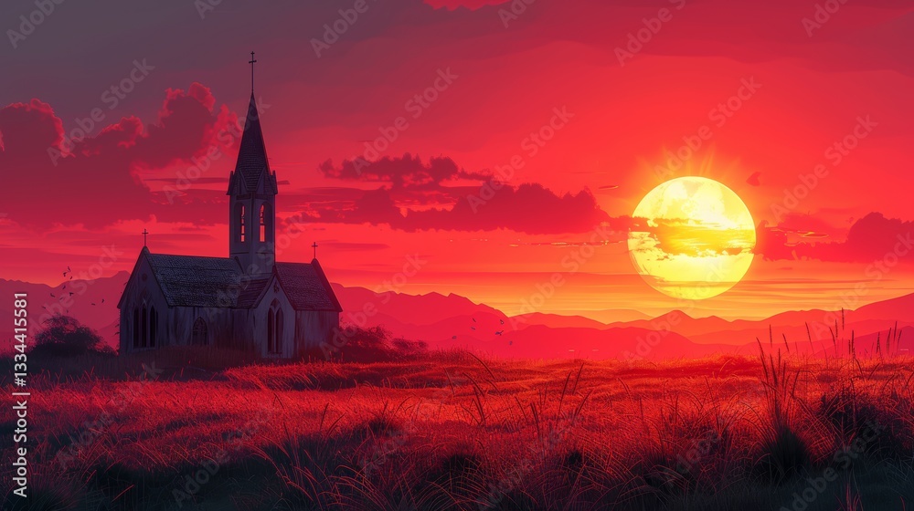 Obraz premium An old church silhouette stands peacefully against a fiery red and orange sky at dusk, in a golden field with mountains in the distance, portraying tranquility and solitude