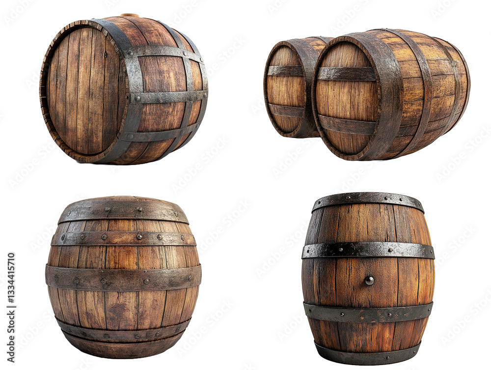 Fototapeta premium Collection of Vintage Wooden Barrels with Iron Bands Isolated on White Background