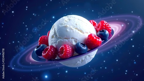 fresh raspberry style ice cream, space background, some berries on the ice cream. ice cream like planet. Ice cream cone with melting planet Earth on isolated purple background.