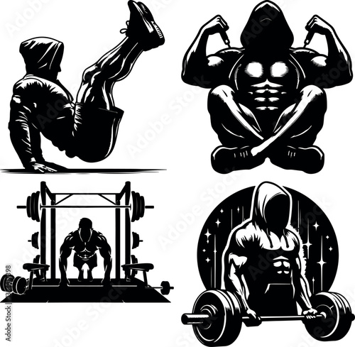 A set of High Contrast Fitness Exercise Silhouettes Deadlift Push Up Bench Press Chest Press