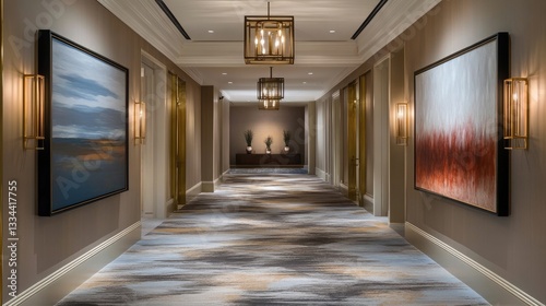 Elegant hotel hallway with golden accents, soft lighting, and modern artwork on the walls.