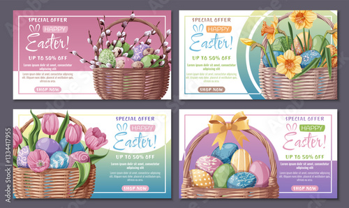 Set of Sale web banners with basket of Easter eggs and pussy willow and spring flowers. Easter sale poster for the holiday. Suitable for banners, posters, advertising, promotions, sales, etc.
