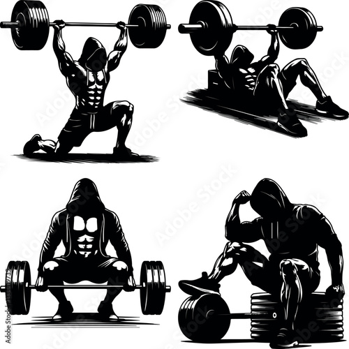 A set of Bodybuilder Doing Squat Deadlift Bench Press in Stylized Cartoon Art